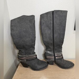 Demi Boots Heeled Fashion Knee High Gray Faux Leather Zip Straps Chain Women 6.5